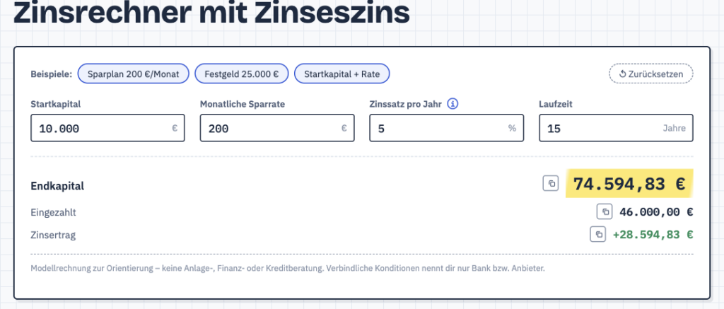 Zinsrechner mit Zinseszins auf RechnerMeister.de mit Beispielrechnung und sofortigem Ergebnis