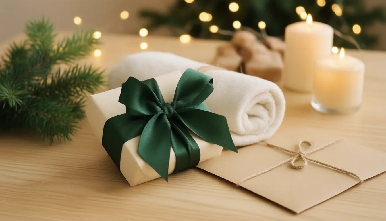 Head Spa Gutschein verschenken: Geschenk mit Umschlag, Handtuch und Kerzen